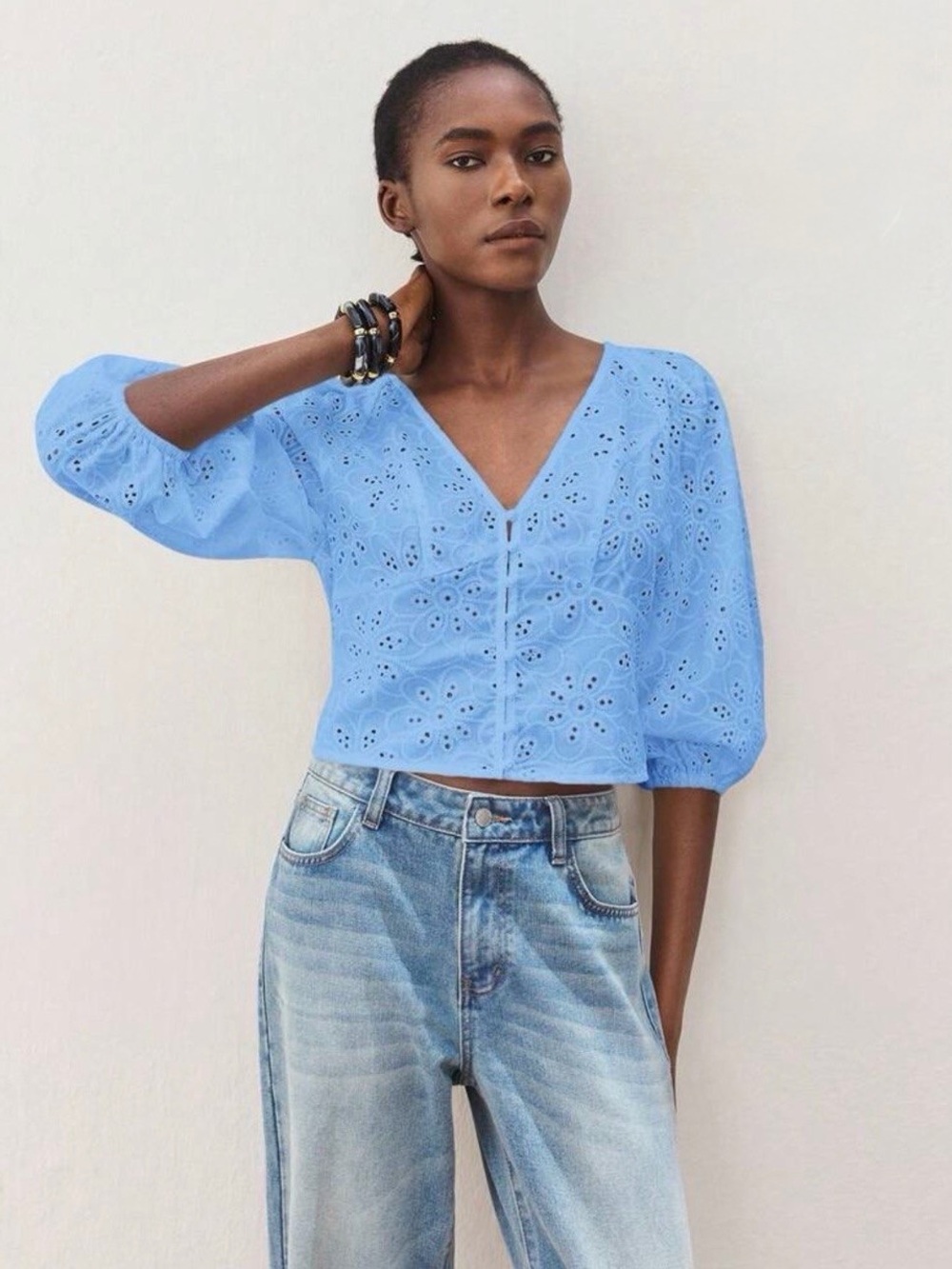 Sky Blue Eyelet V-Neck Puff Sleeve Blouse - Picture 6 of 6